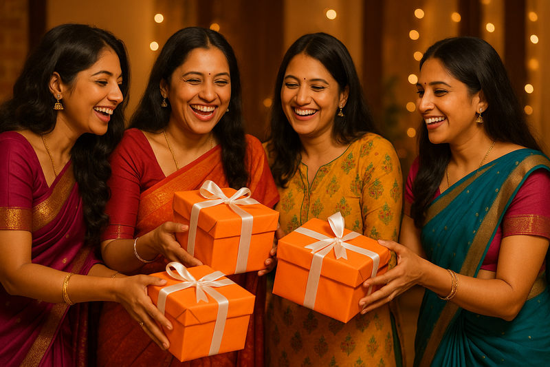happy indian women with the oragne gift box