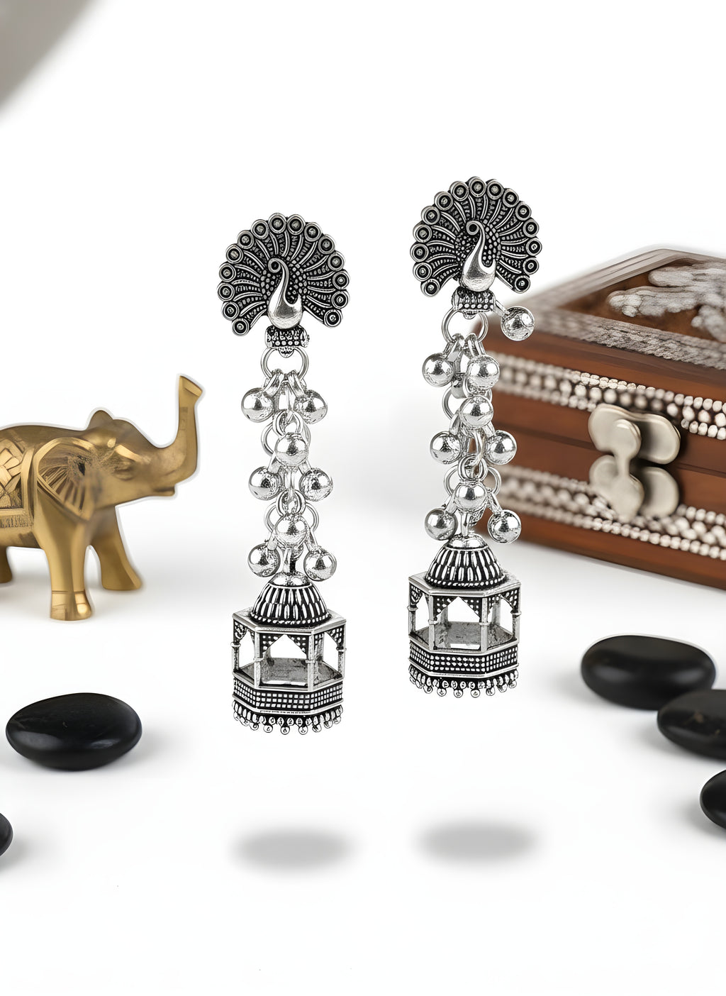 Morika Haveli Oxidised Peacock Jhumka Earrings