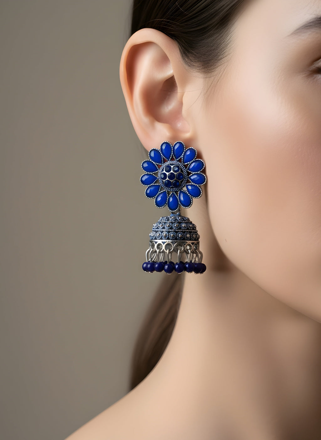 Neelima Blue Oxidised Silver Jhumkha Earrings