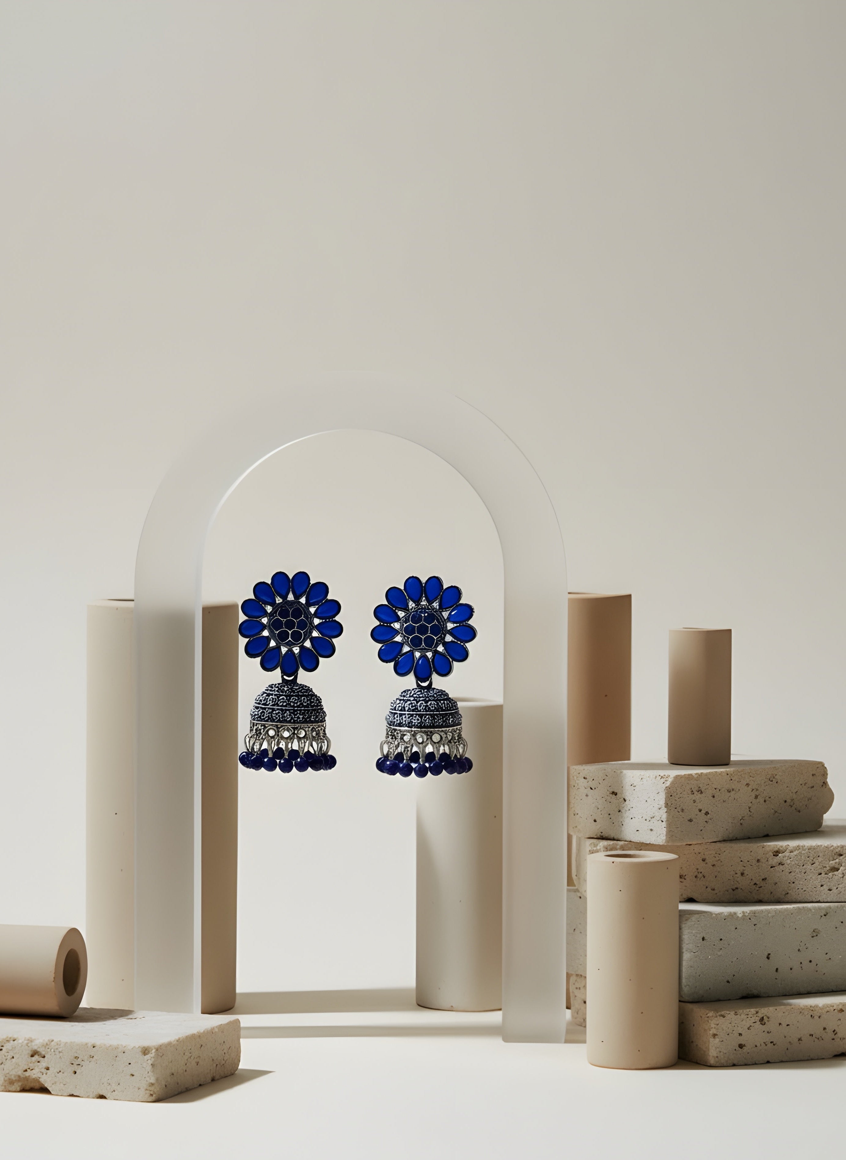 Neelima Blue Oxidised Silver Jhumkha Earrings