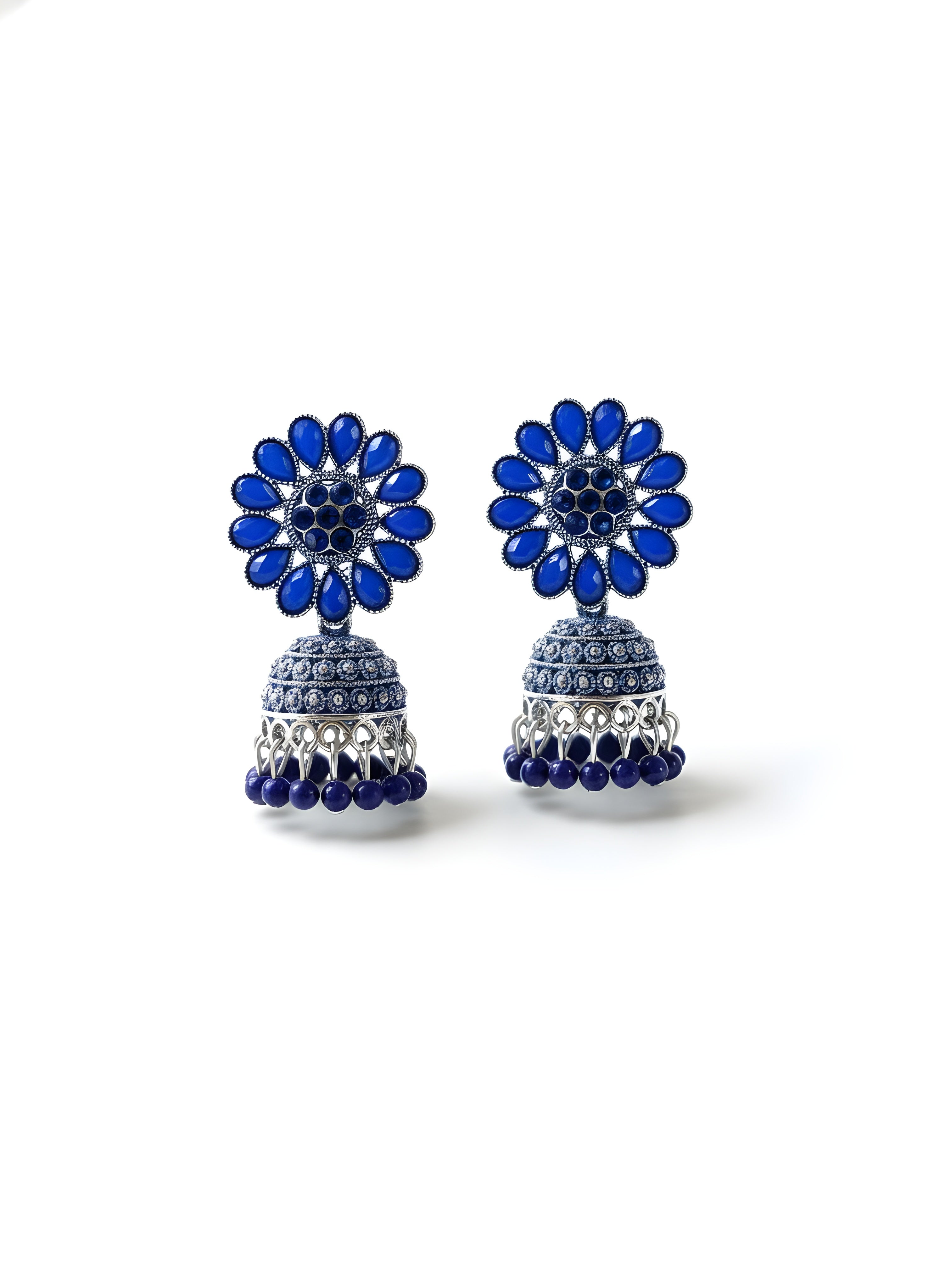 Neelima Blue Oxidised Silver Jhumkha Earrings