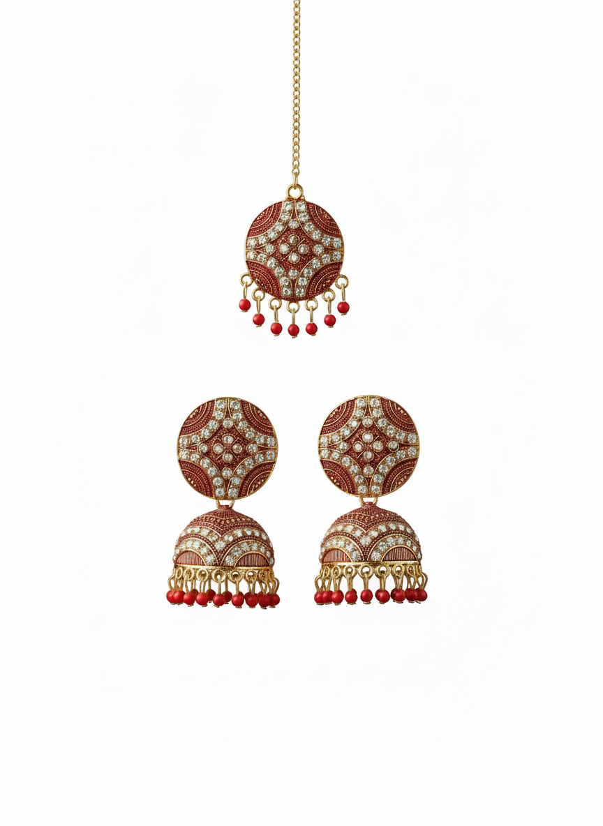 Antique Red Jhumkha Earrings With Mang Tikka
