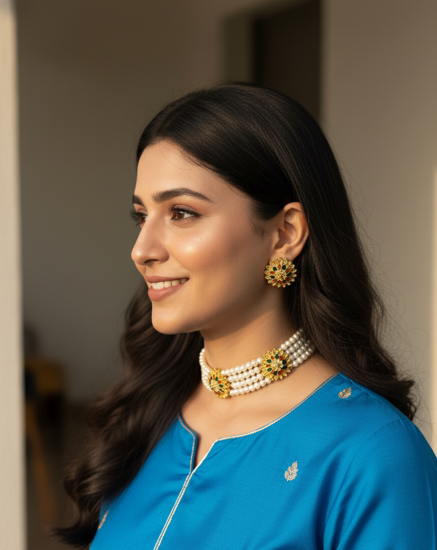 Woman wearing a blue outfit with gold jewelry indoors