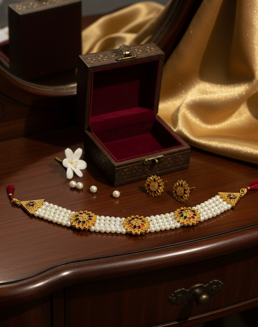 Pearl necklace with gold accents and earrings on a wooden surface with a jewelry box.