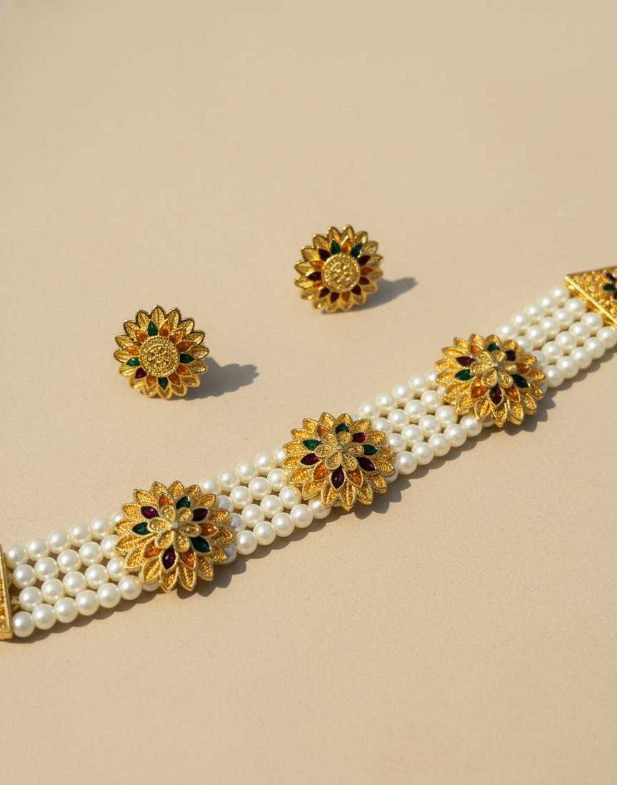 Gold jewelry set with floral designs and pearls on a beige background