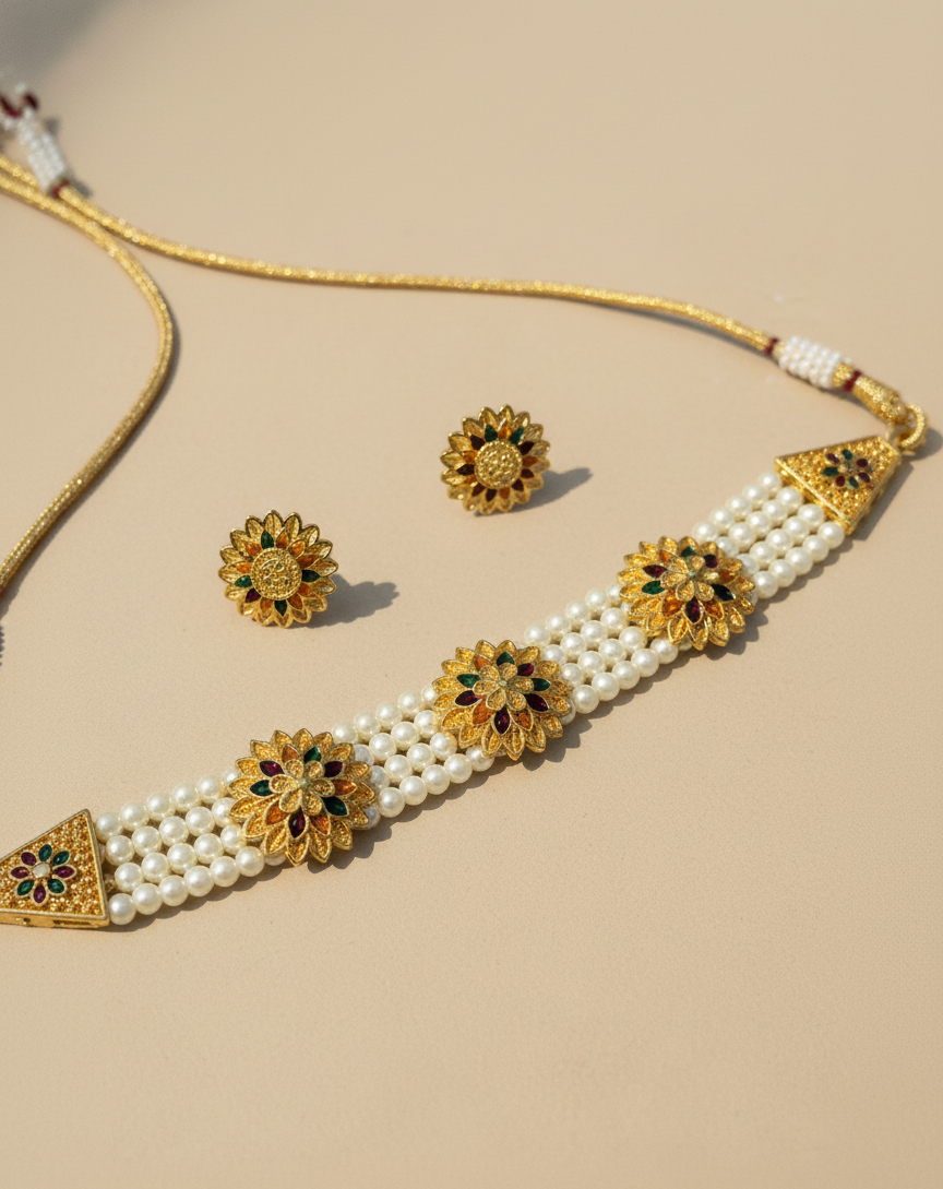 Gold necklace with pearl strands and floral designs on a beige background