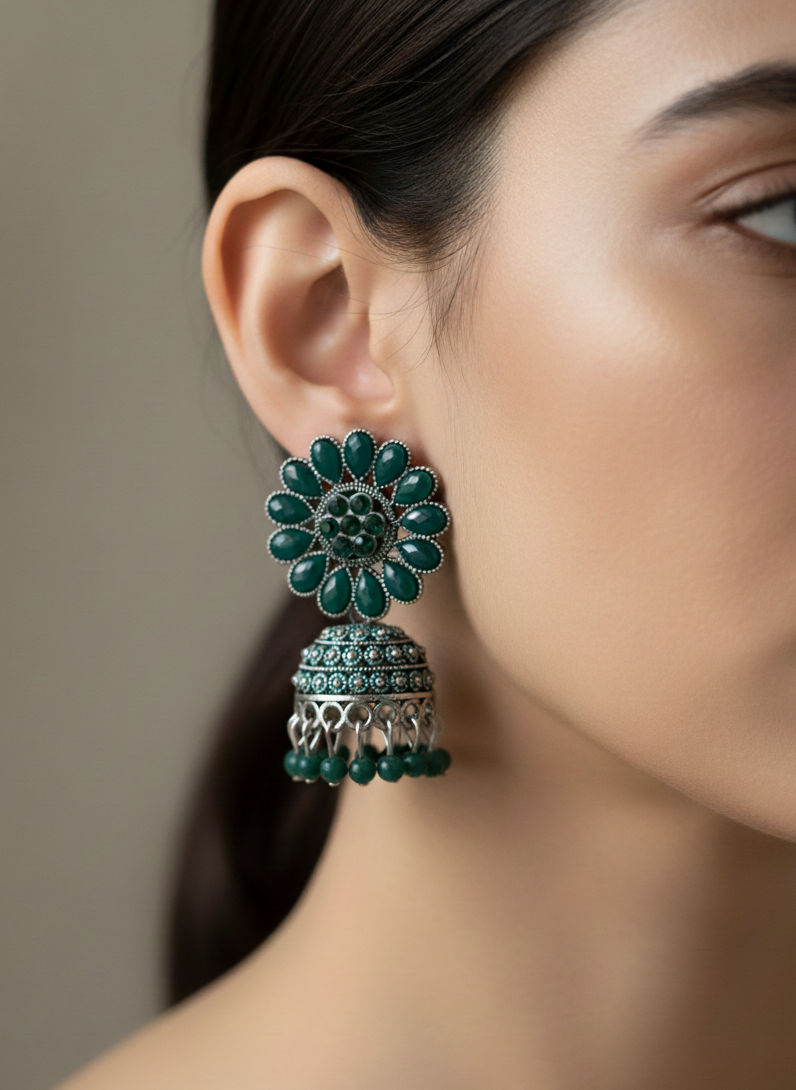 Harita Green Oxidised Silver Jhumkha Earrings