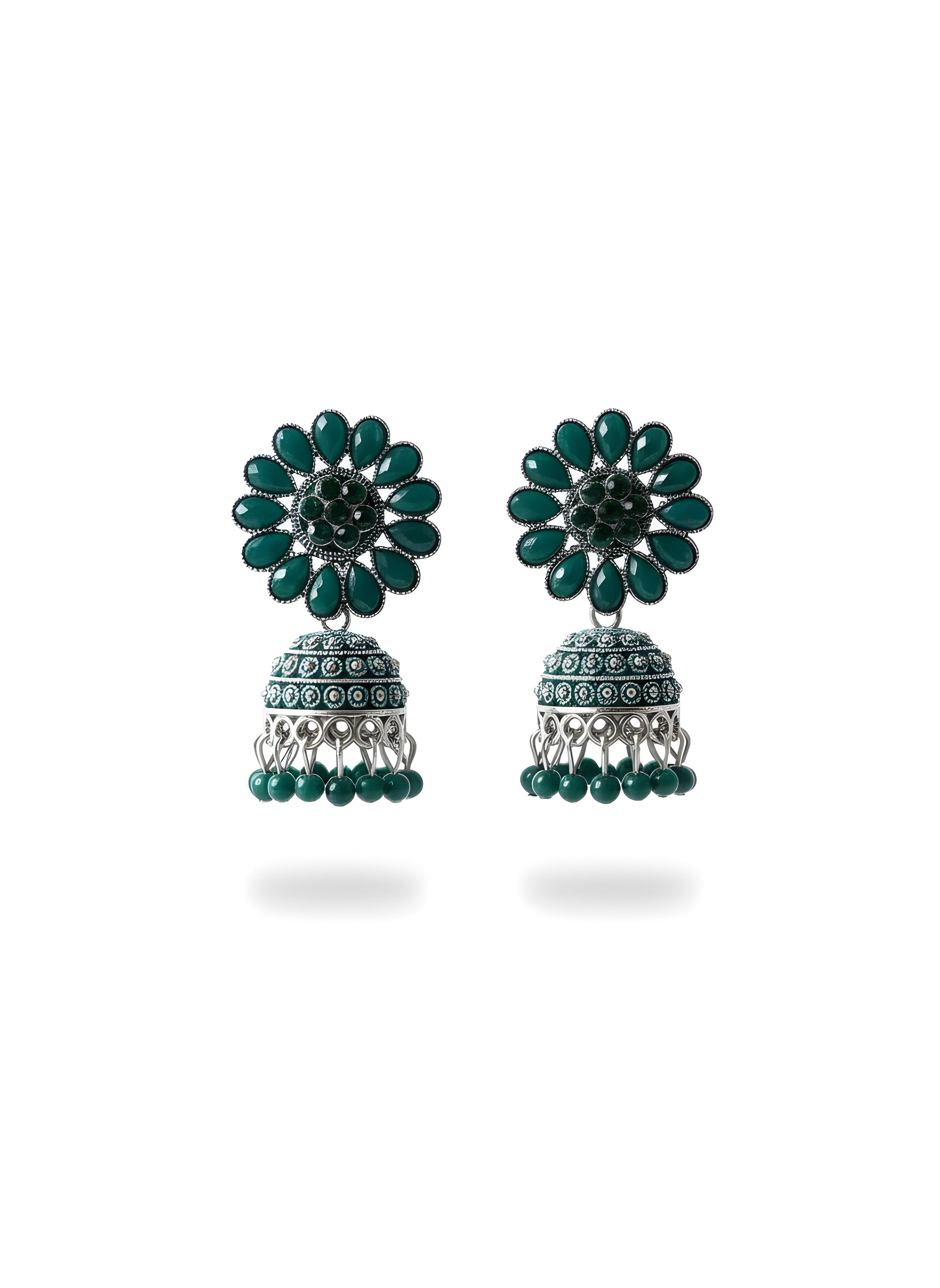Harita Green Oxidised Silver Jhumkha Earrings