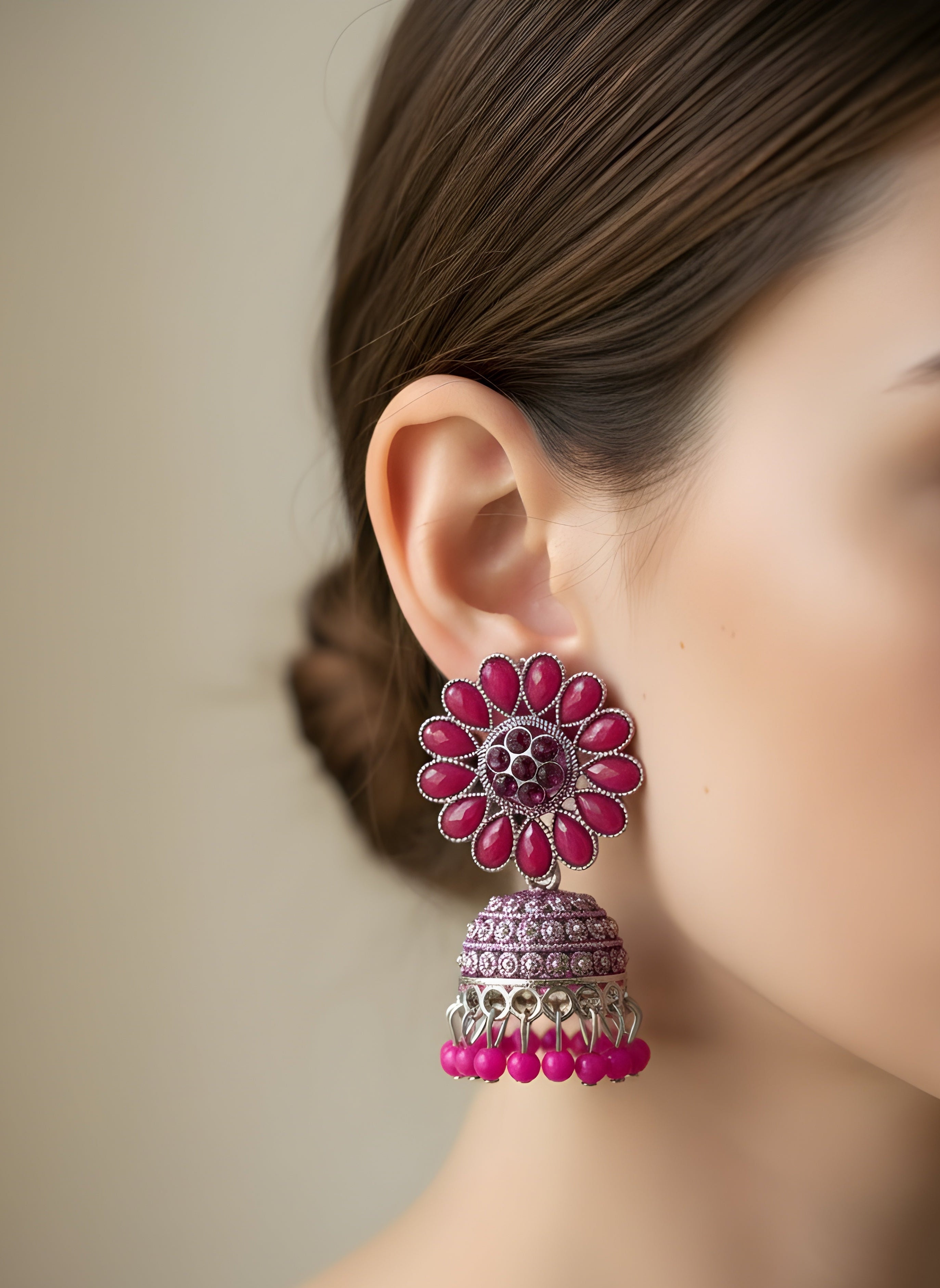 Roshni Pink Oxidised Silver Jhumkha Earrings