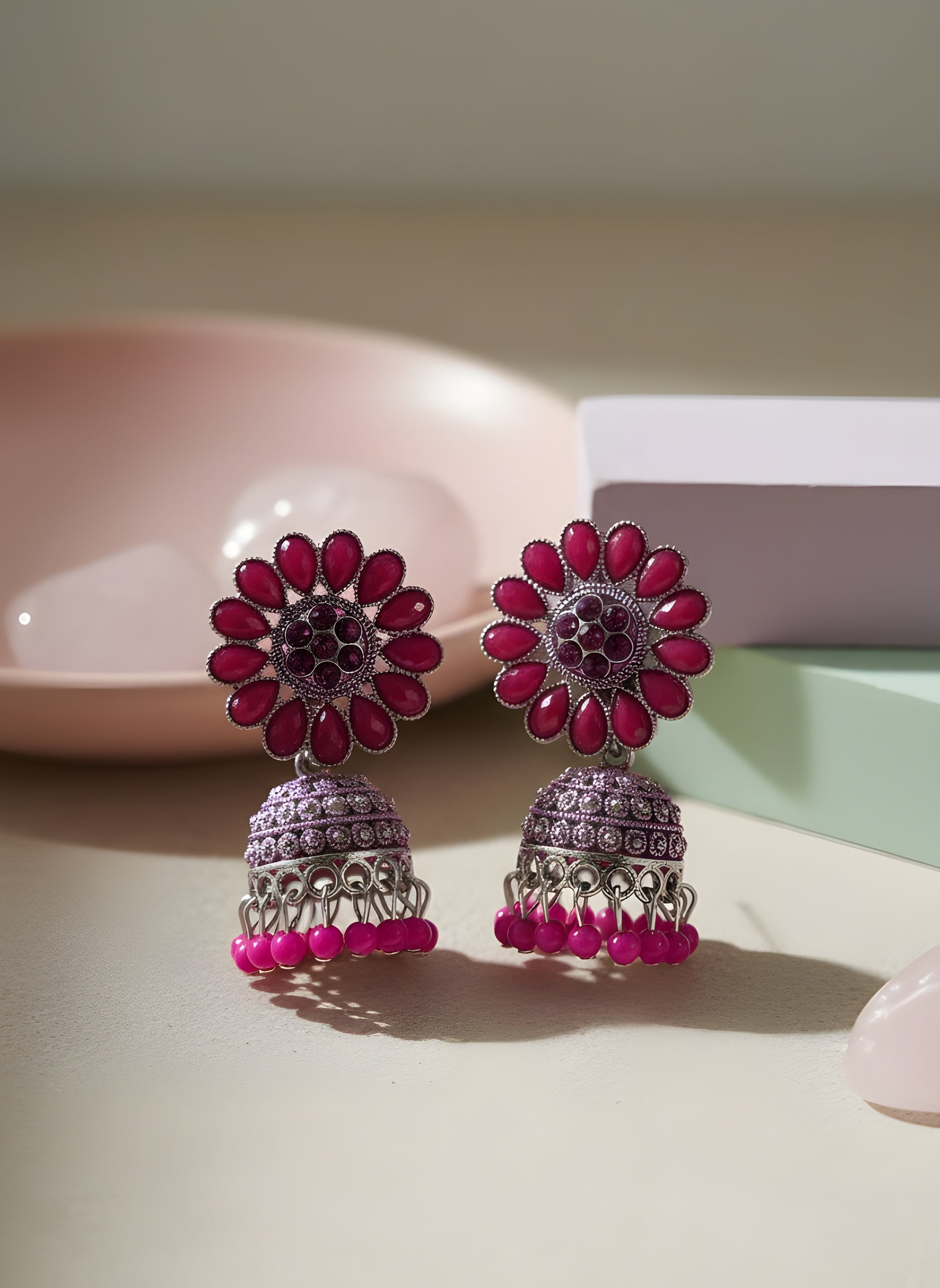 Roshni Pink Oxidised Silver Jhumkha Earrings