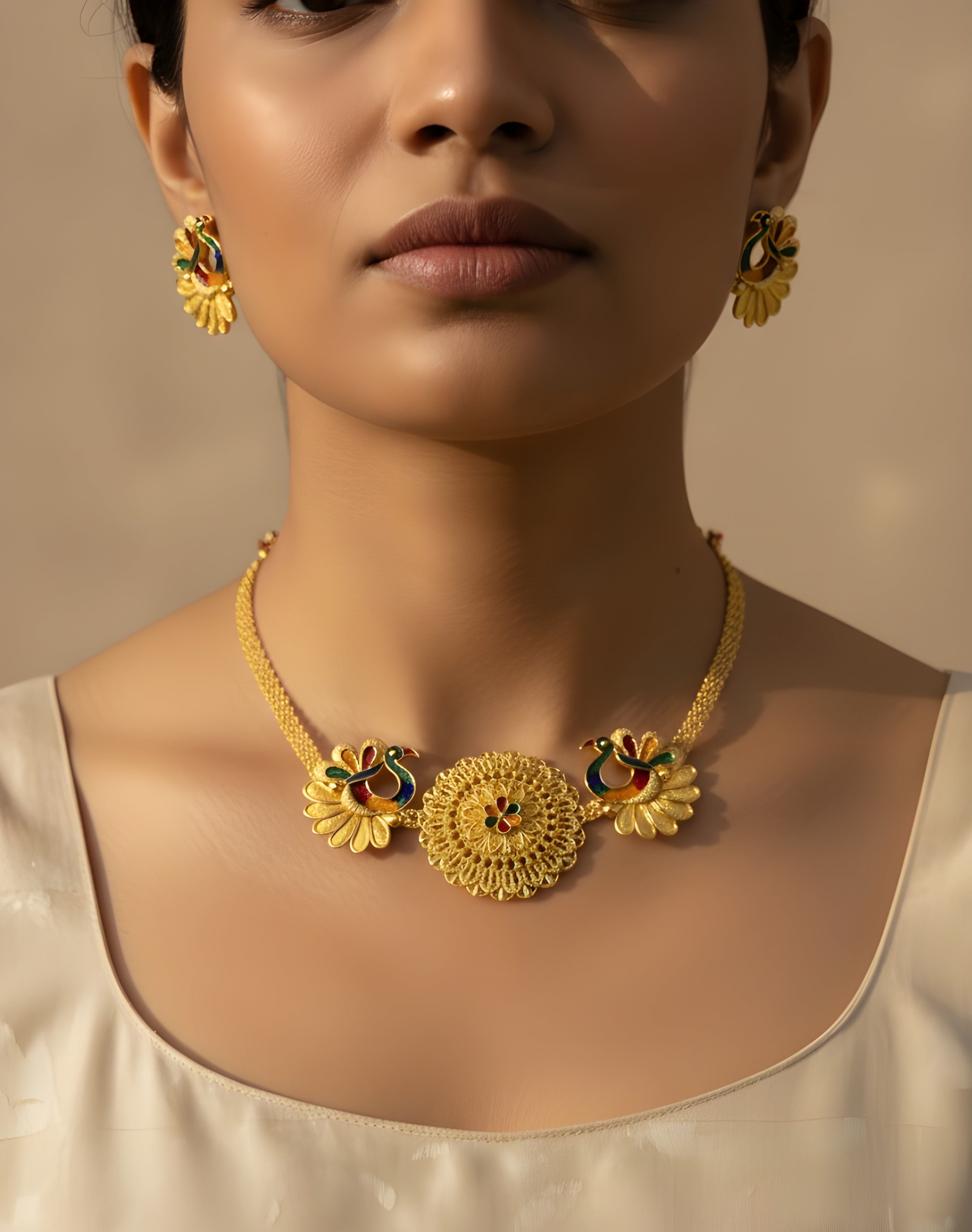 Close-up of a woman wearing a gold necklace and earrings against a neutral background