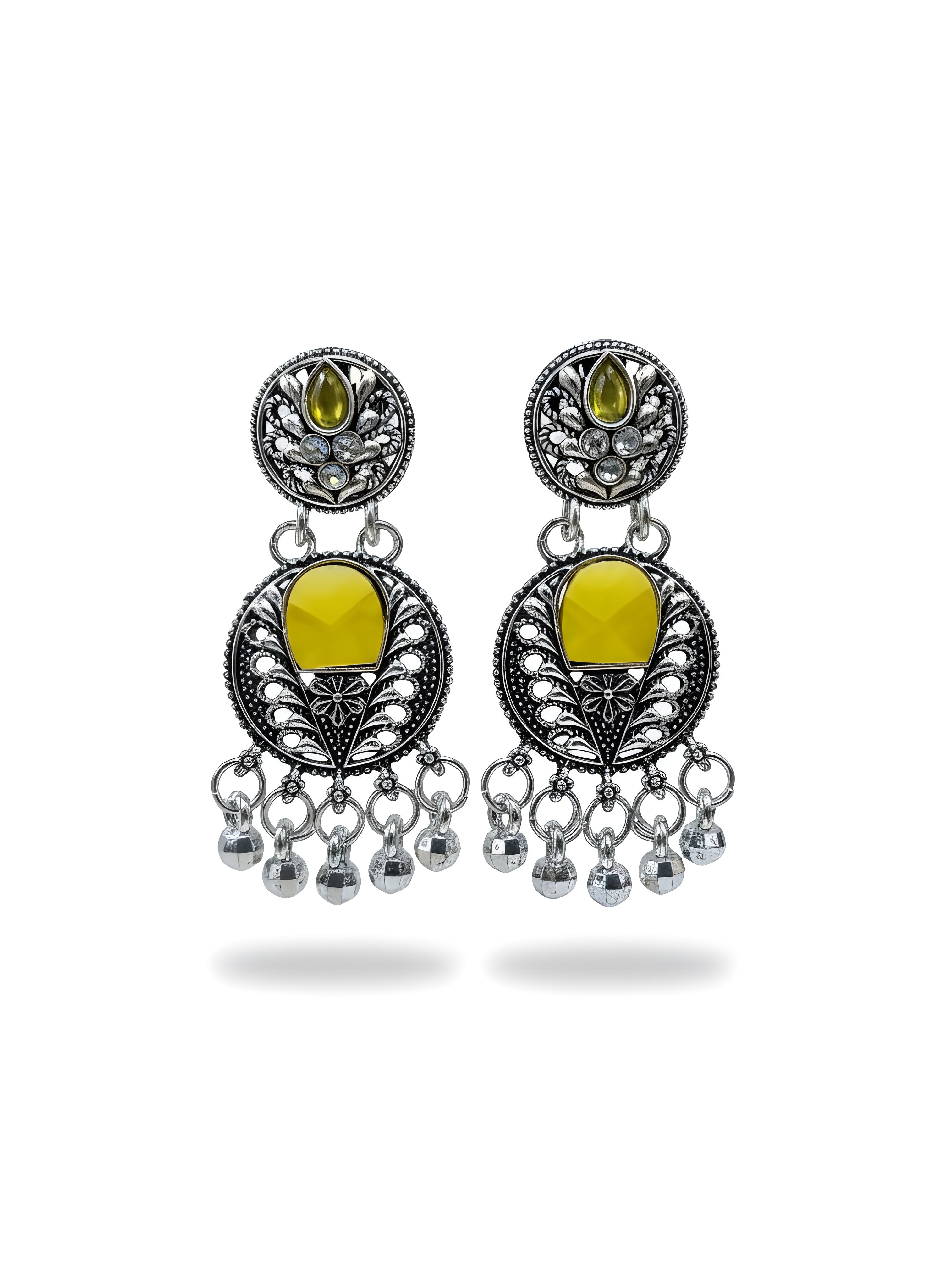 Suvarna Yellow Oxidized Silver Ethnic Dangler Earrings