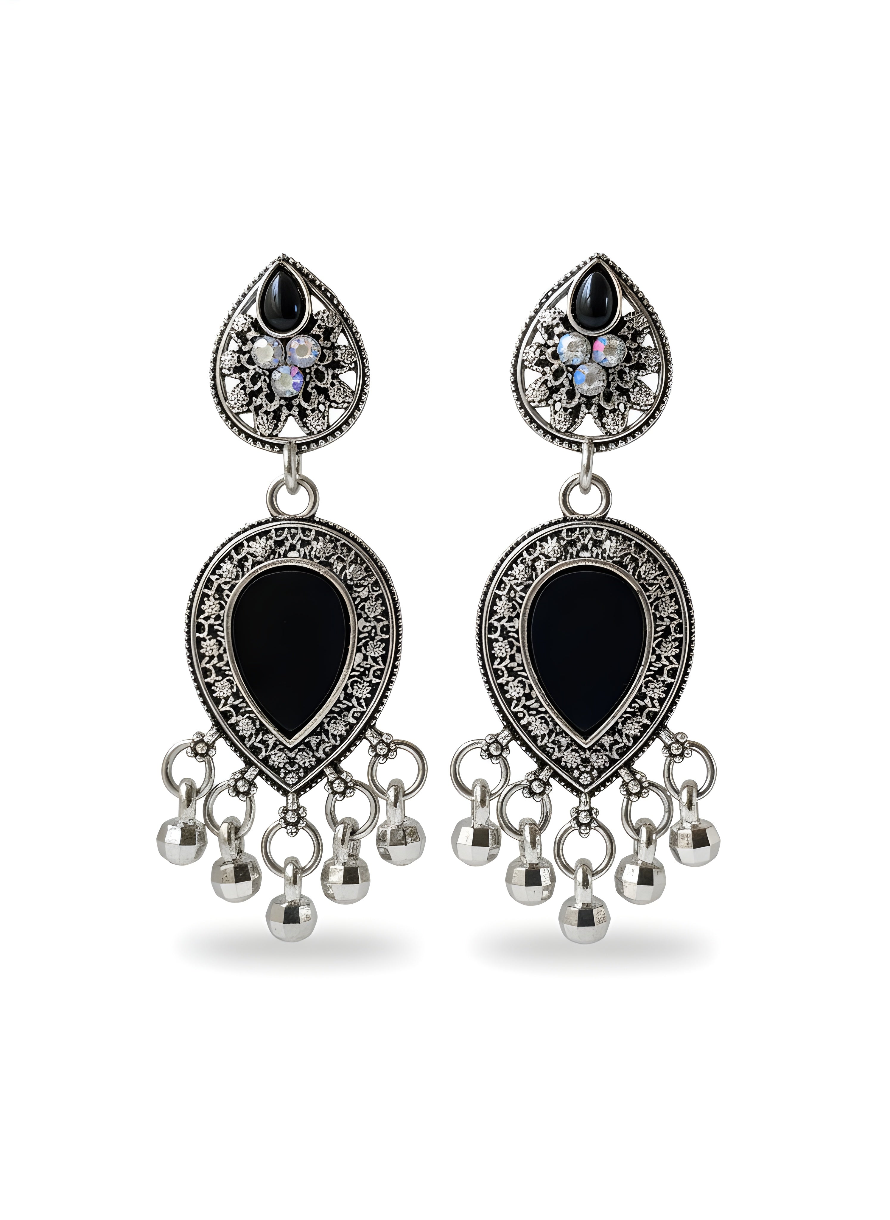 Nayantara Black Stone Oxidised Silver Drop Earrings