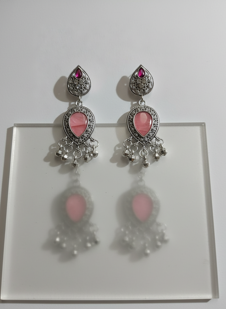 Pair of earrings with pink stones on a white background