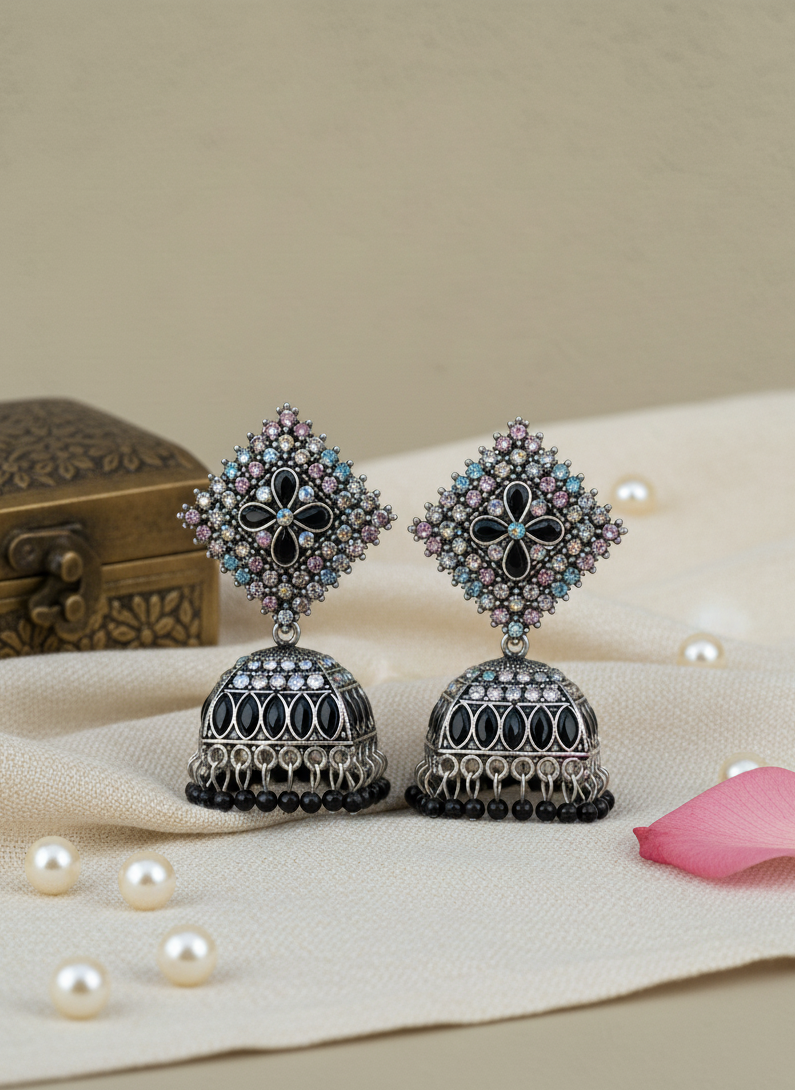 Noorika Black Stone Antique Silver Jhumka Earrings