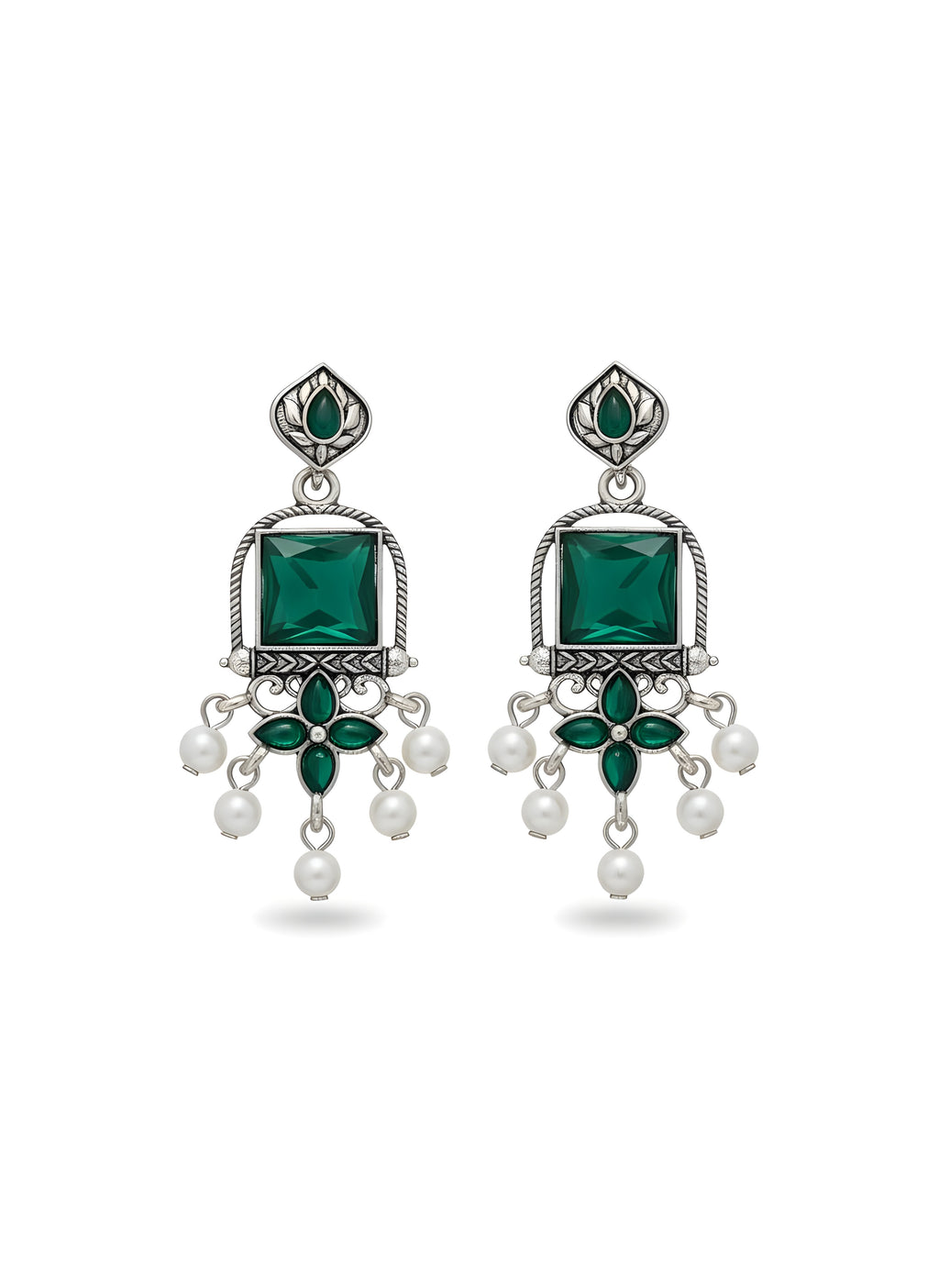 Aaranya Green Stone Oxidised Silver Drop Earrings