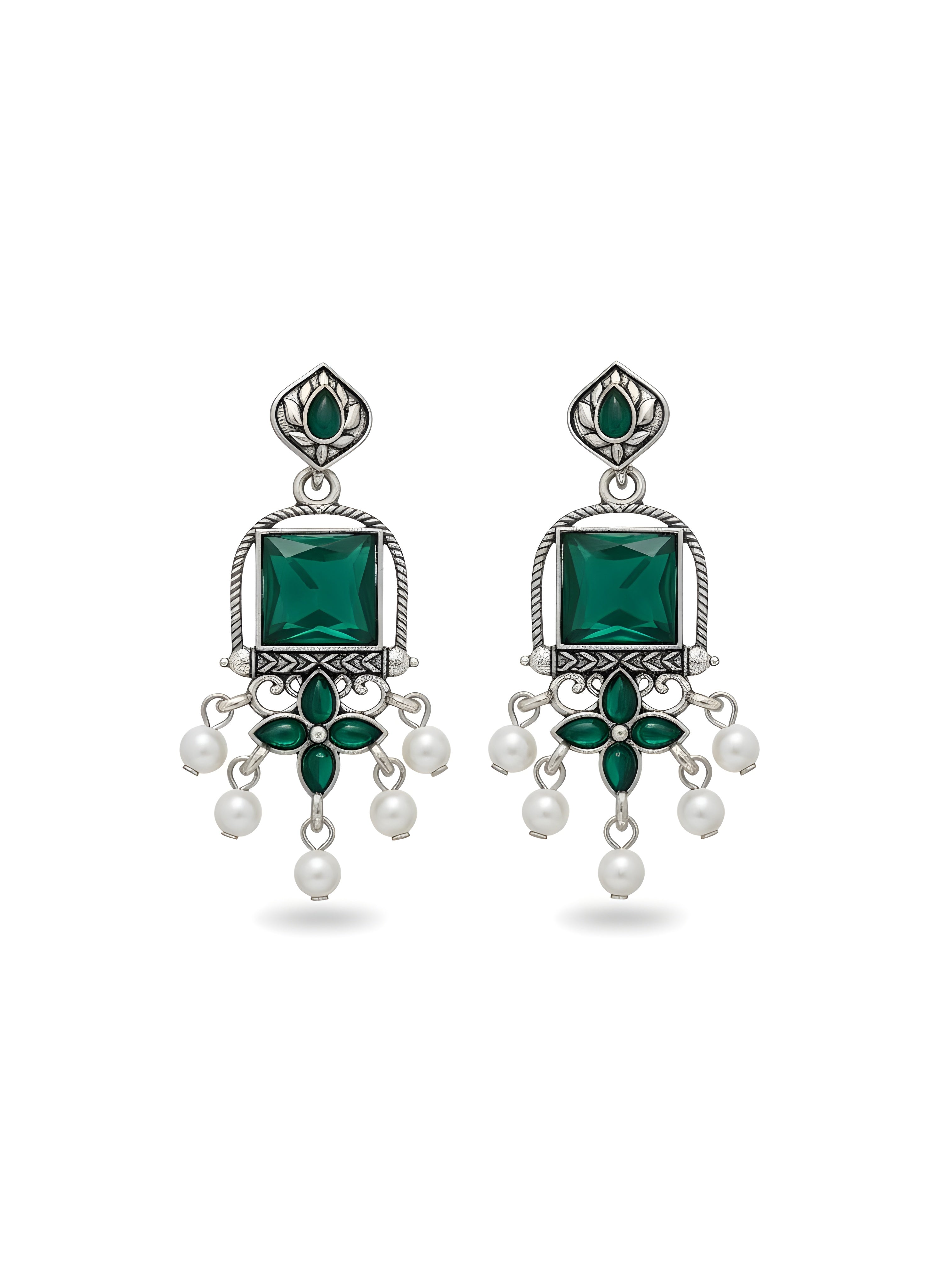 Aaranya Green Stone Oxidised Silver Drop Earrings