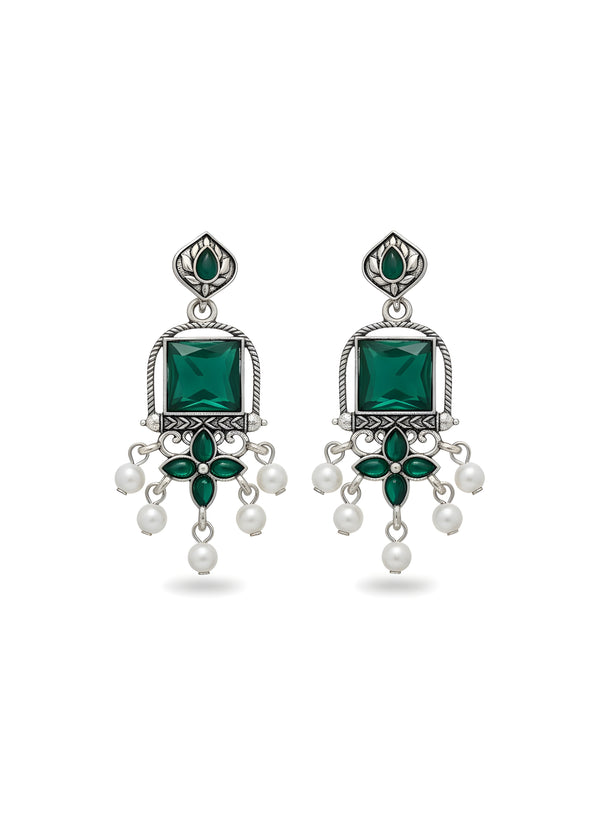 Aaranya Green Stone Oxidised Silver Drop Earrings