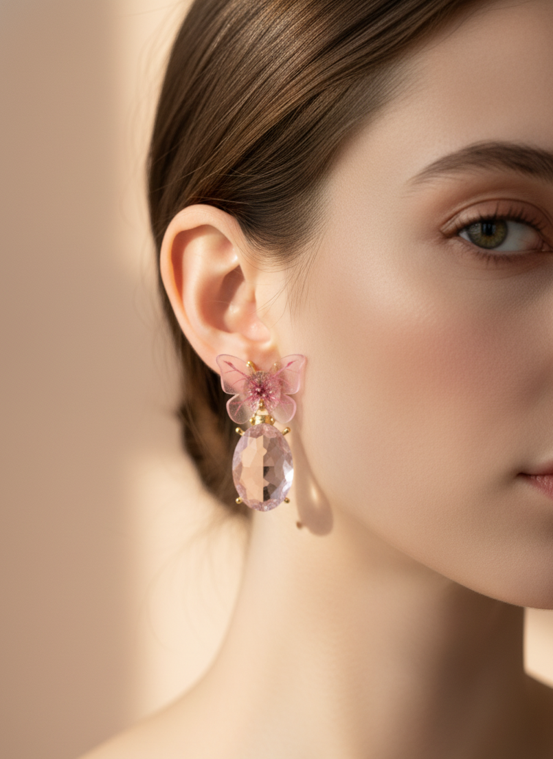 Close-up of a woman wearing pink butterfly earrings with a neutral background
