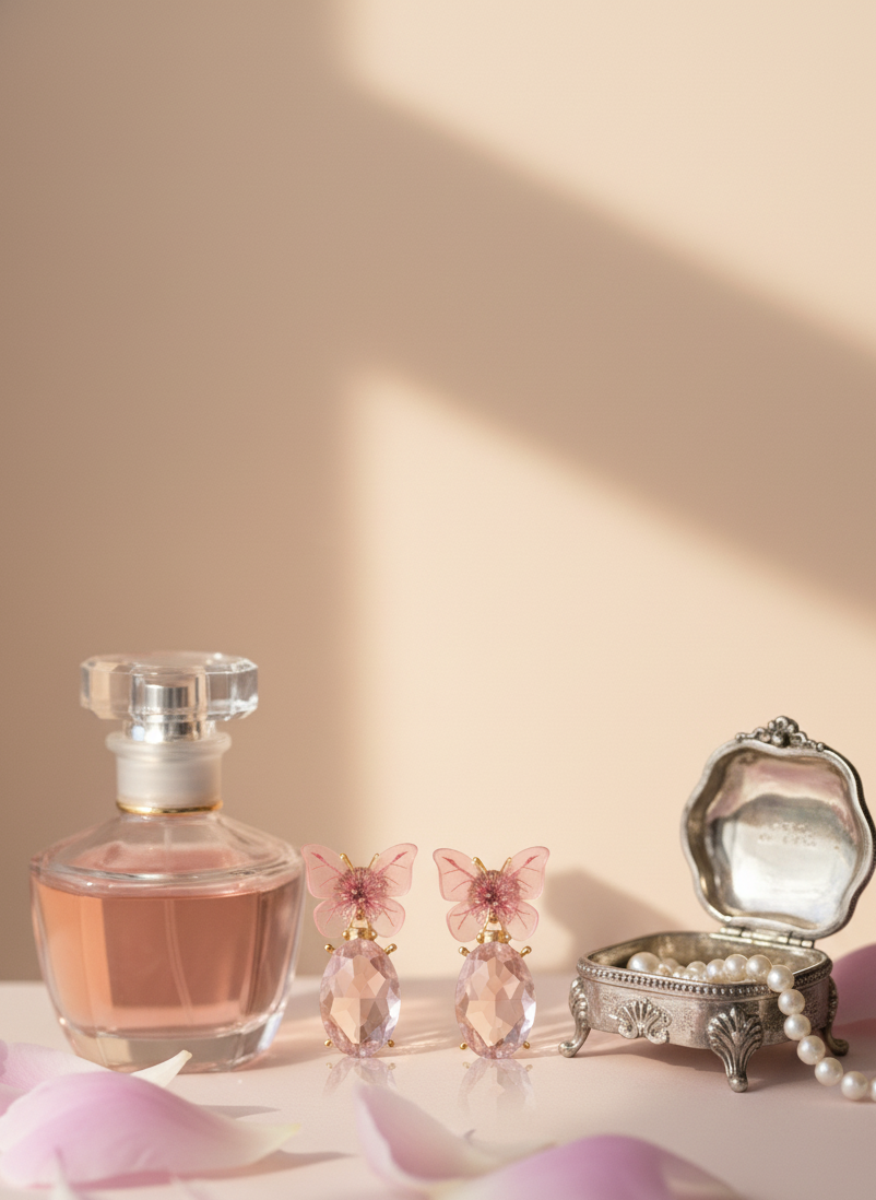 Perfume bottle, small pink perfume bottle, decorative box with pearls on a beige background