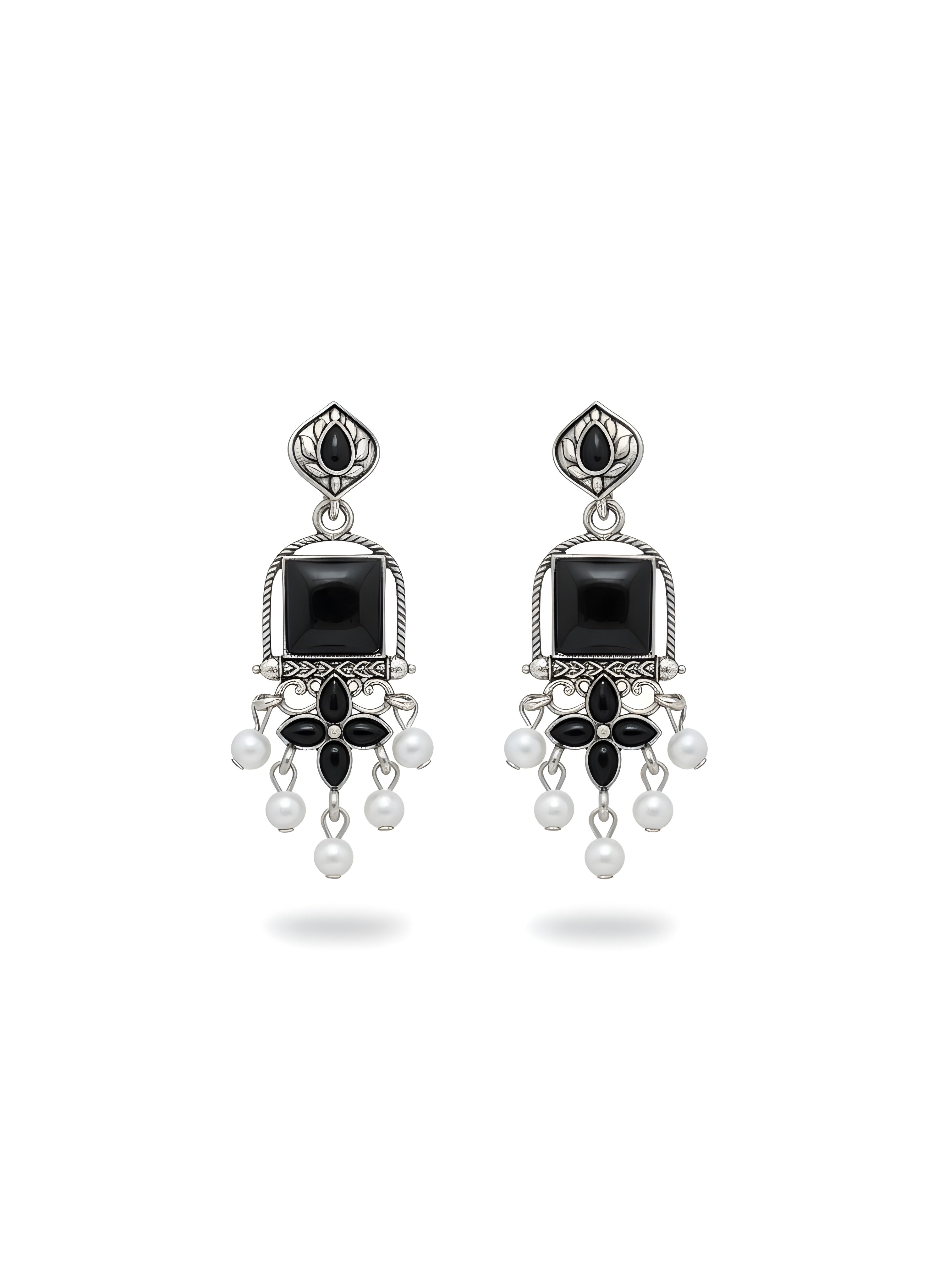 Kaalika Black Stone Oxidised Silver Drop Earrings