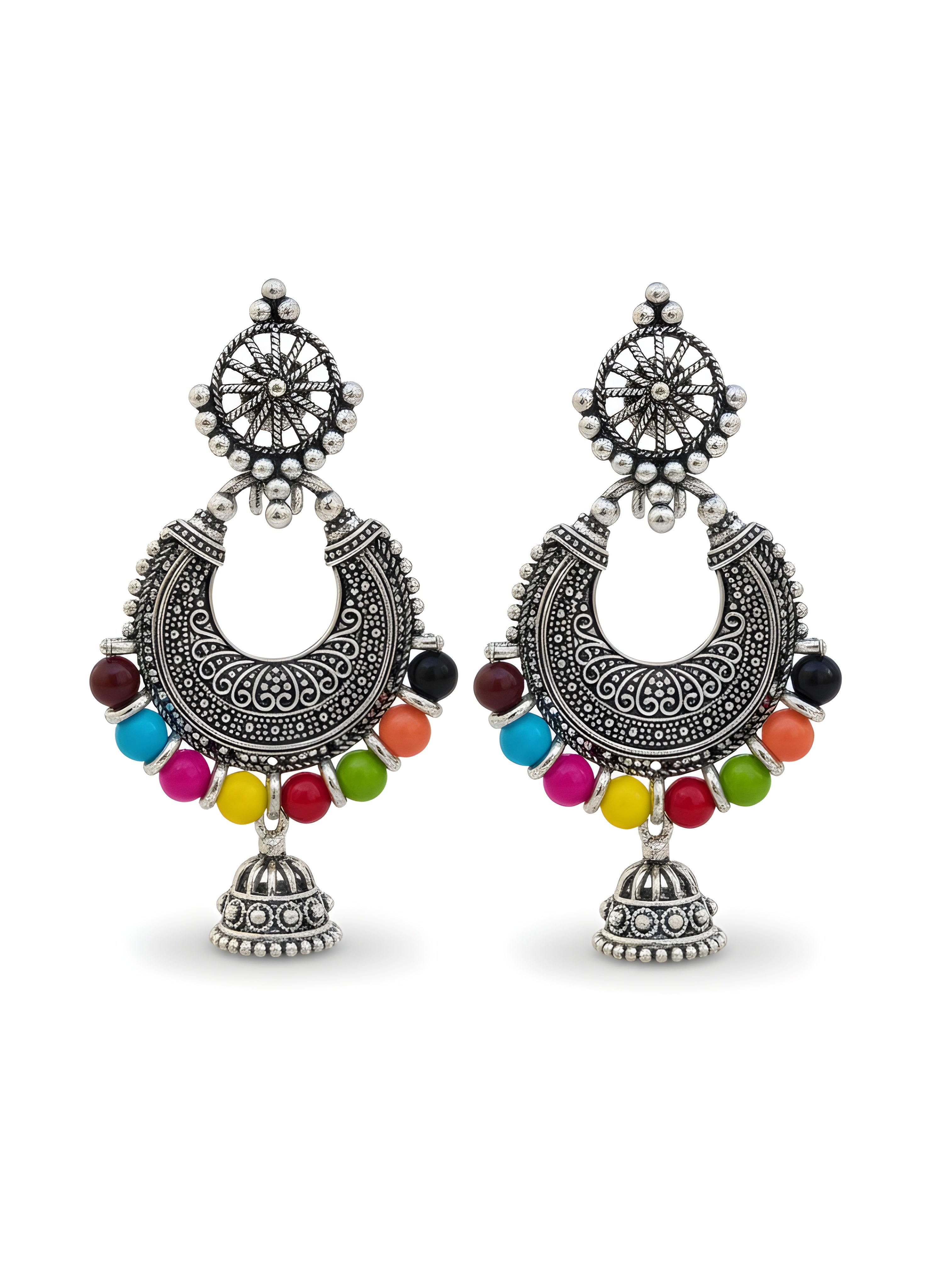 Pair of ornate earrings with colorful beads on a white background