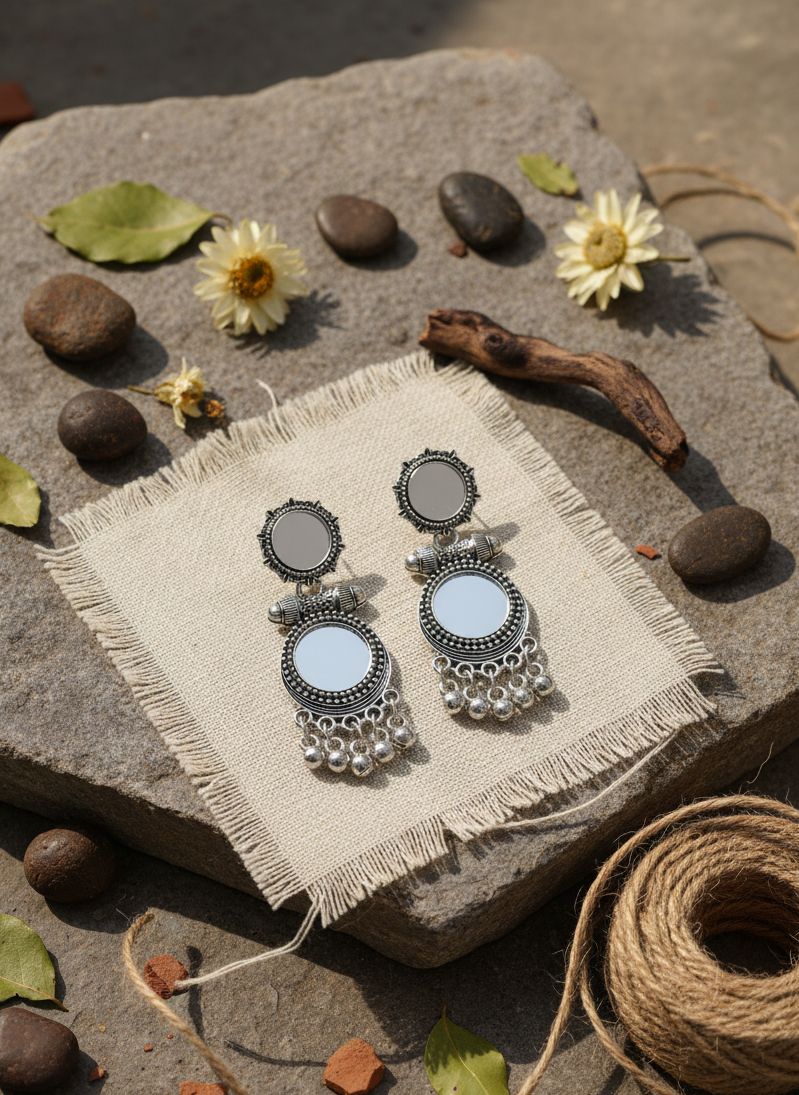 Pair of silver earrings on a textured surface with natural elements like stones and leaves.
