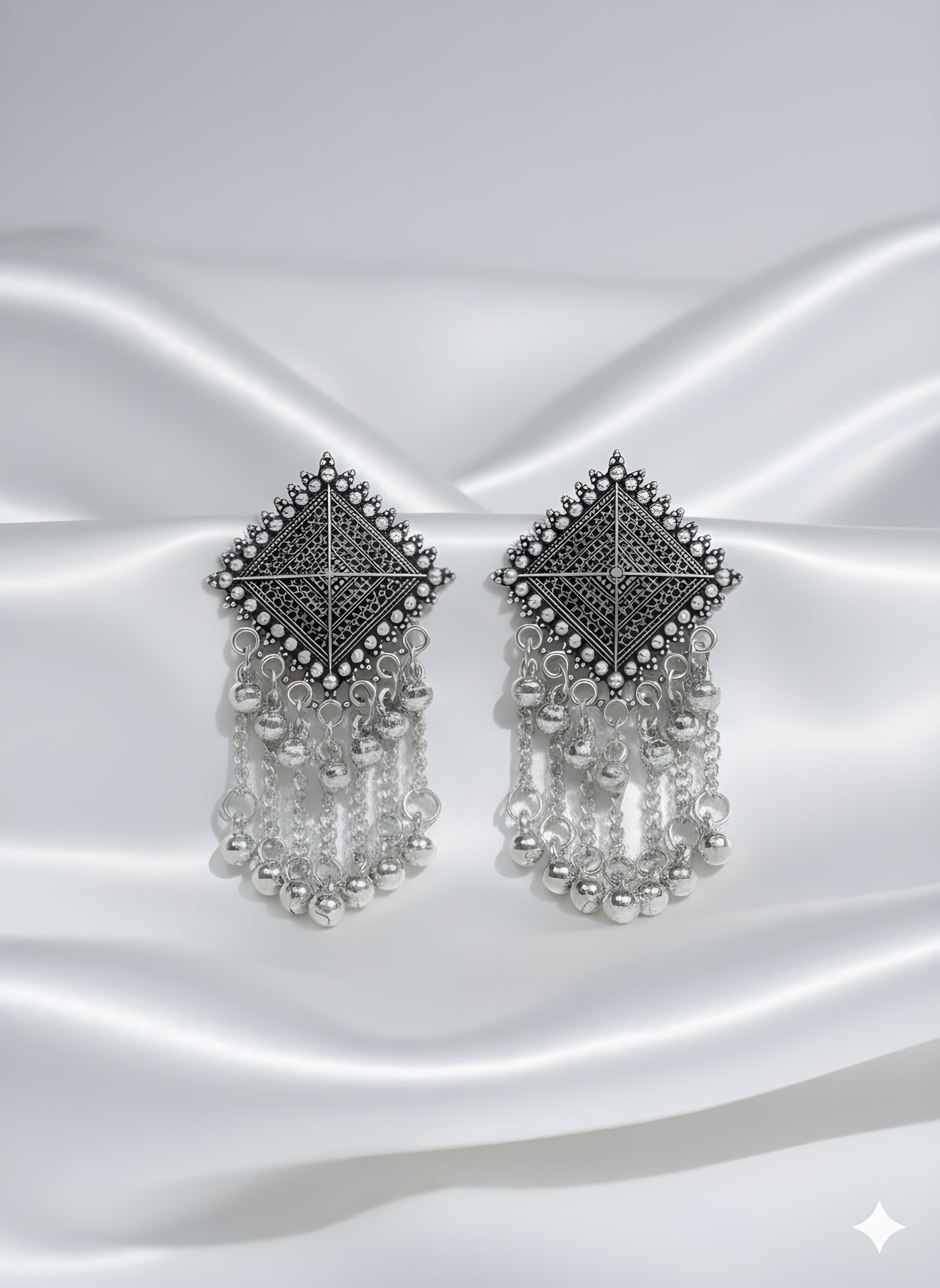 Pair of silver earrings with geometric design on a white fabric background
