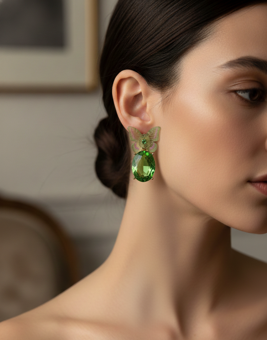 Close-up of a woman wearing a green earring with a blurred background