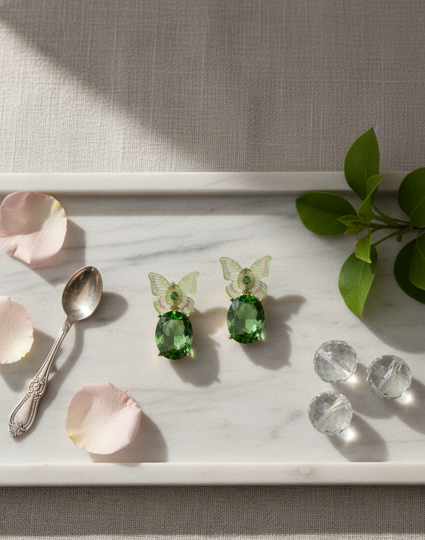 Green gemstone earrings with butterfly wings on a marble tray with rose petals and a spoon.