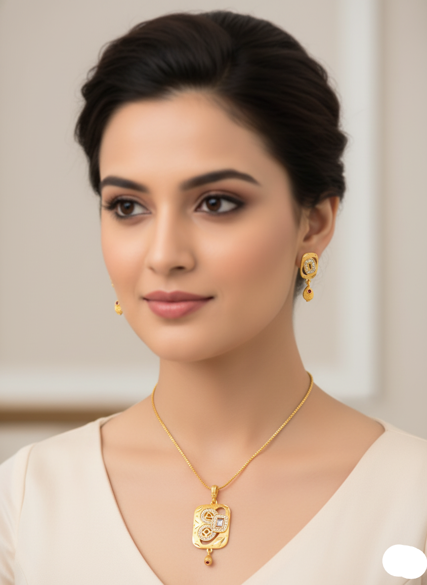 Woman wearing gold jewelry including a necklace and earrings against a neutral background