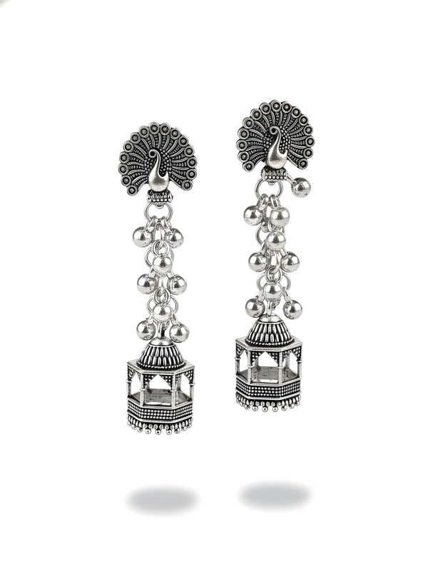 Pair of silver earrings with intricate designs on a white background