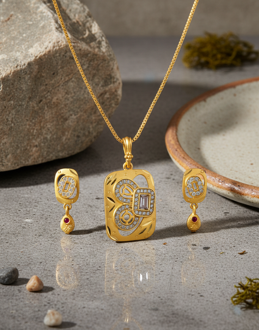 Gold necklace and earrings set on a textured surface with natural elements.