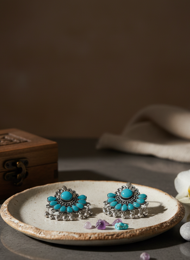 Turquoise earrings on a ceramic plate with a wooden box and white flowers in the background.