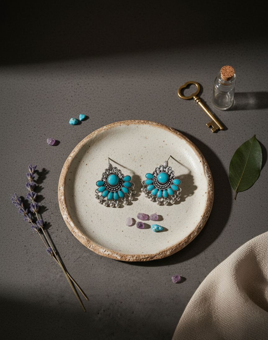 Turquoise earrings on a ceramic plate with a key and lavender on a dark surface