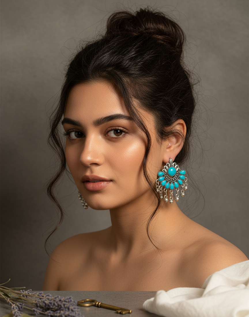 Woman wearing turquoise earrings with a neutral background