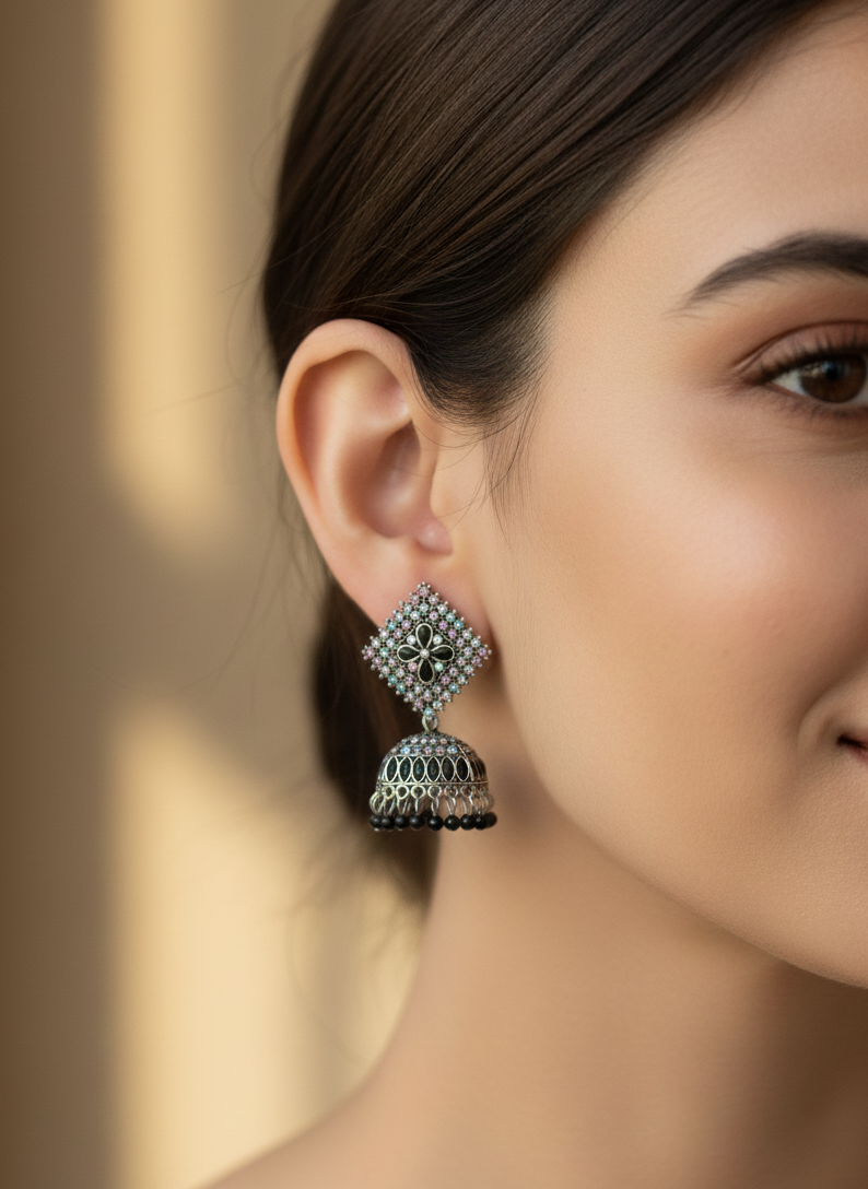 Noorika Black Stone Antique Silver Jhumka Earrings