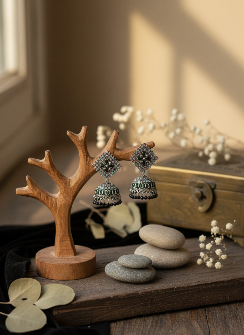 Noorika Black Stone Antique Silver Jhumka Earrings