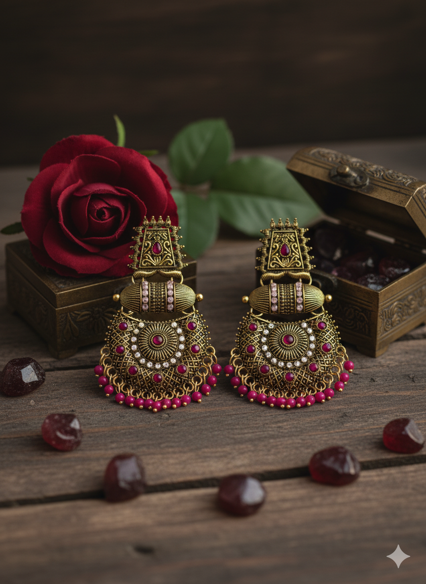 Rajwada Pink Antique Chandbali Earrings