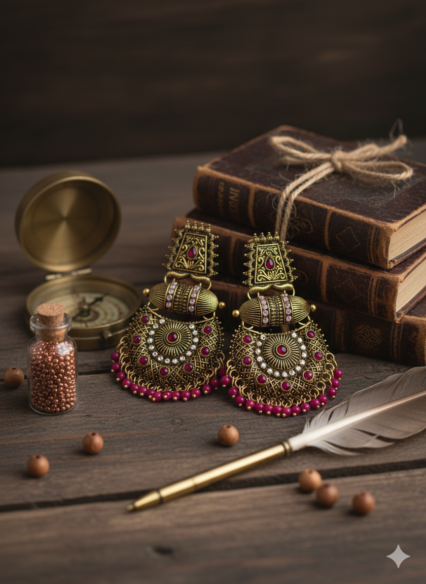 Rajwada Pink Antique Chandbali Earrings