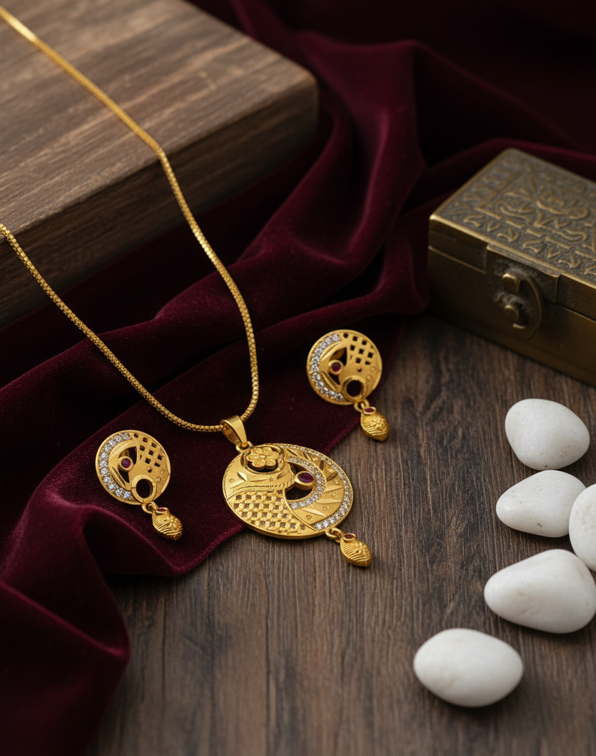 Gold necklace and earrings on a wooden surface with white stones and a decorative box.