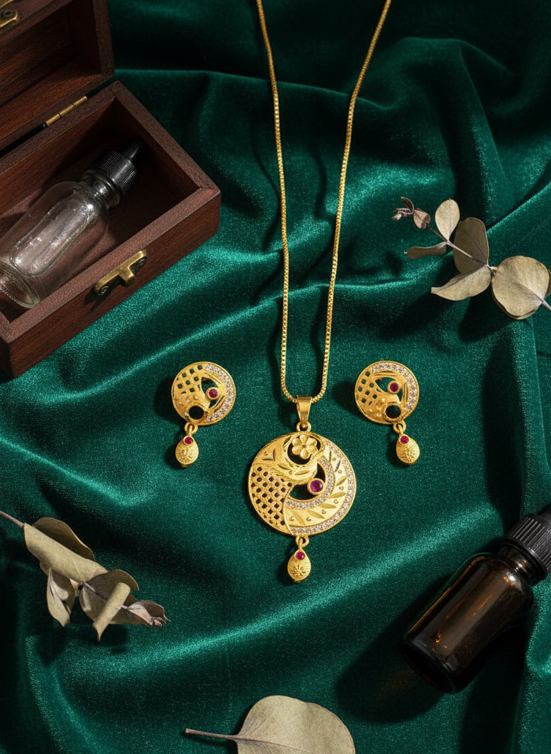 Gold jewelry set with necklace and earrings on a green fabric background