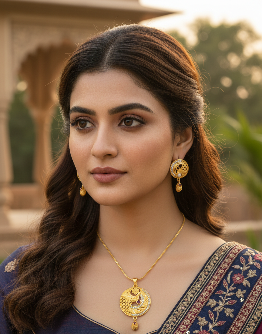Woman wearing gold jewelry with a blurred outdoor background