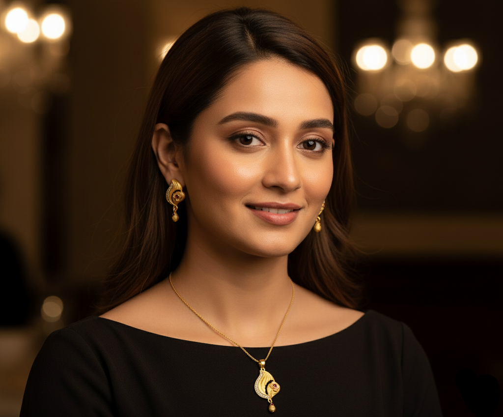 Woman wearing gold jewelry against a blurred background