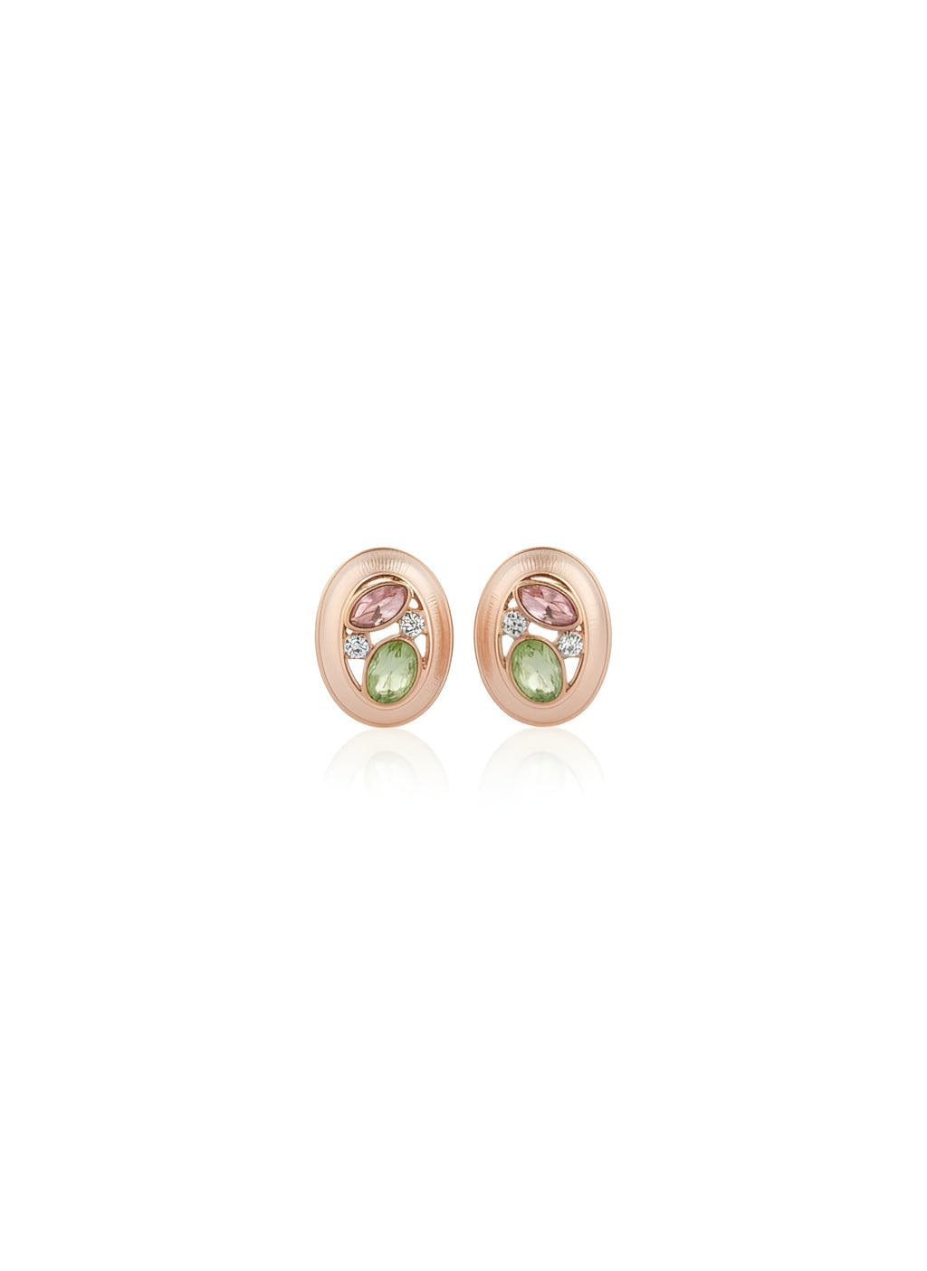 Pair of rose gold earrings with green gemstones on a white background