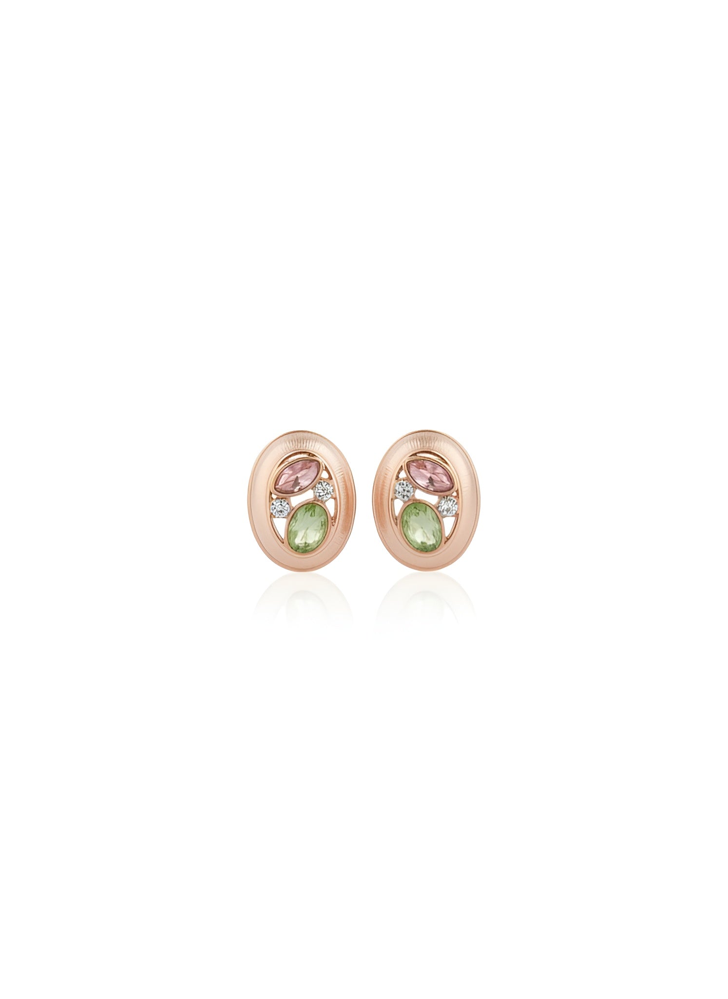 Pair of rose gold earrings with green gemstones on a white background