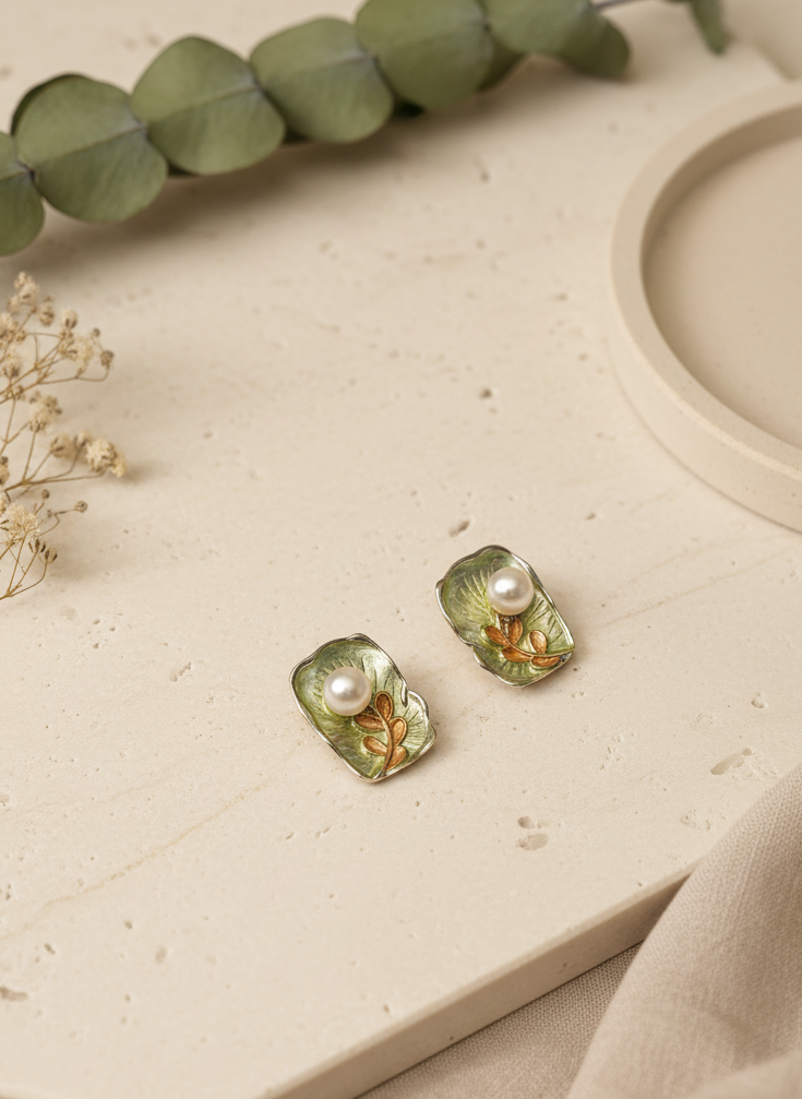 Green earrings with a pearl on a beige surface with green leaves and dried flowers.