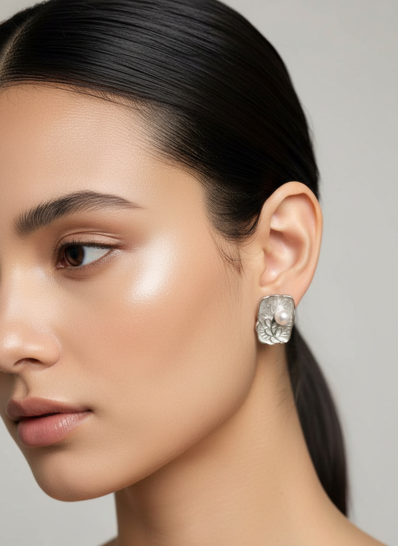 Close-up of a woman wearing a silver earring against a neutral background