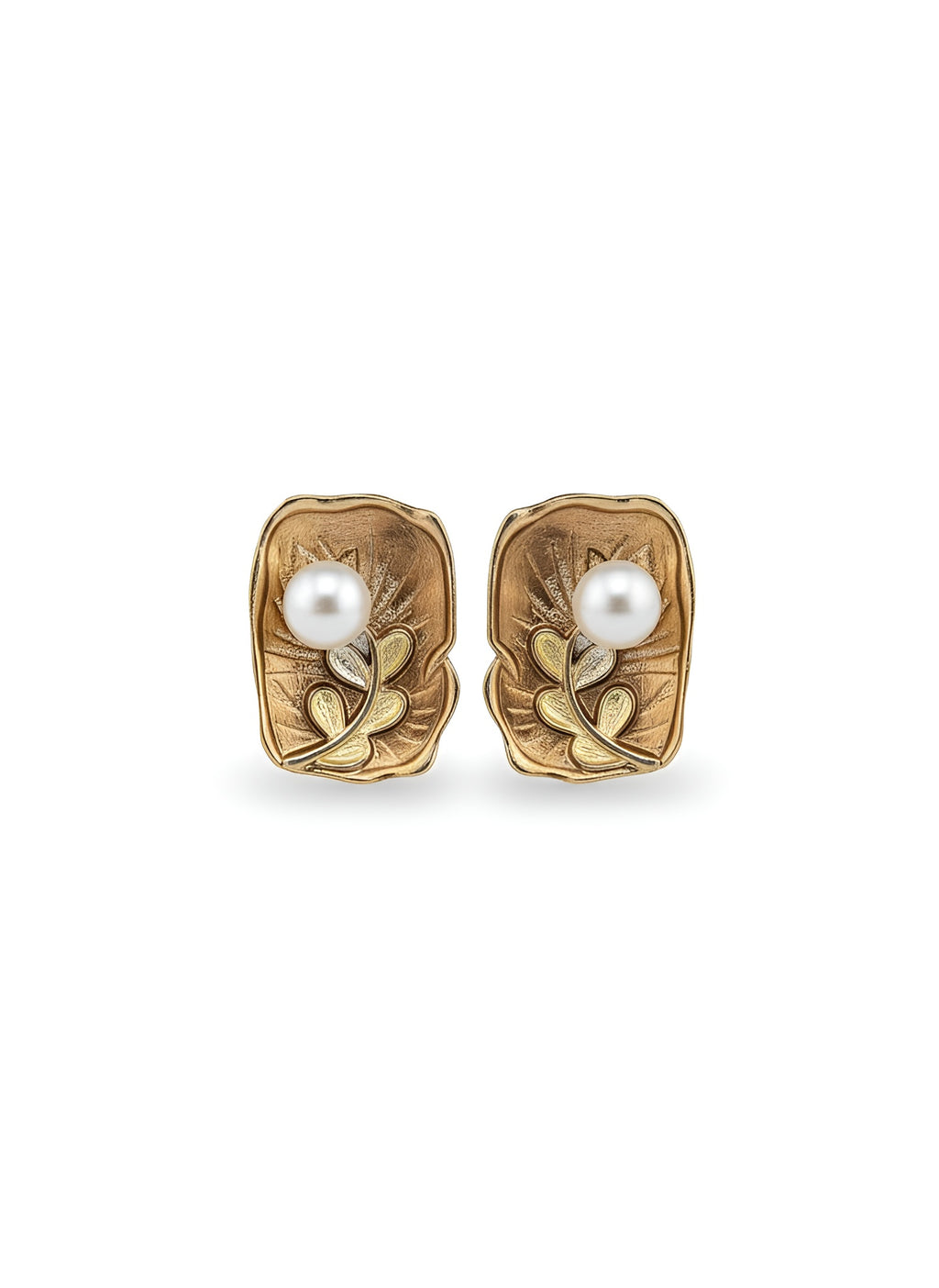 Pair of gold earrings with pearl centers on a white background
