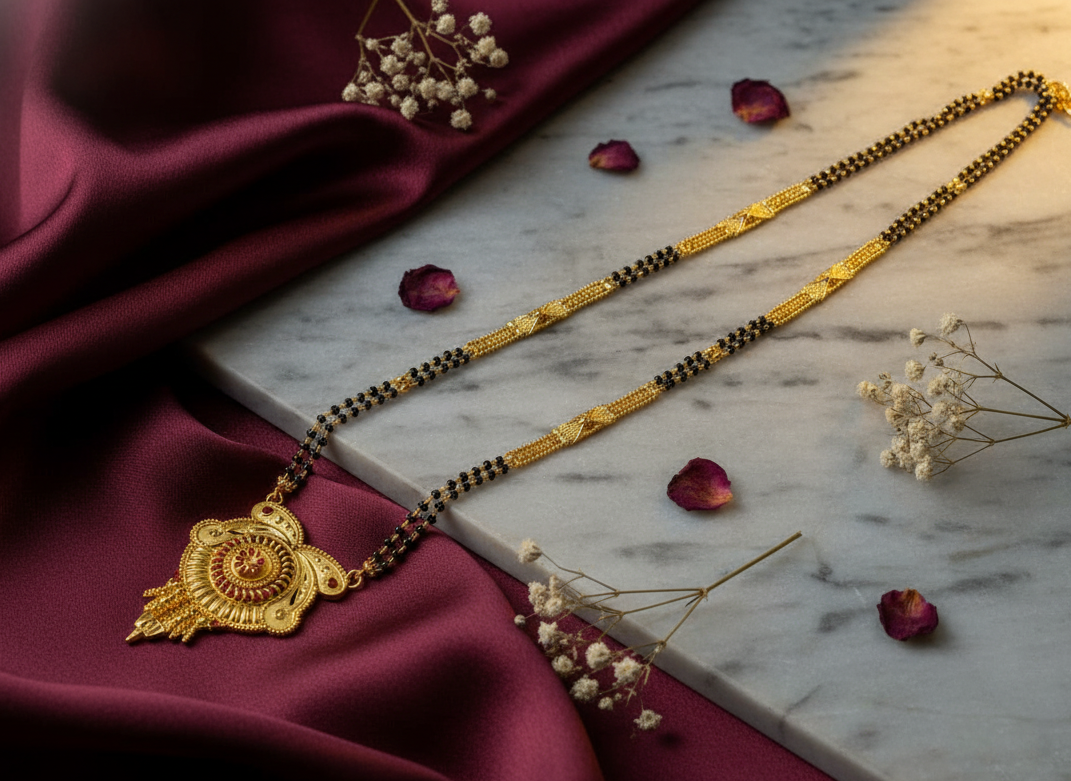 Gold necklace with black beads on a marble surface with red fabric and dried flowers.